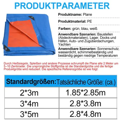 Produktbild von Abdeckplane wasserdicht mit Ösen Schutzplane Gewebeplane aus PE für Anhänger Bau Boot Camping Carport Dach Garten Gerüst Industrie LKW Blau 180g qm 3 x 4 m