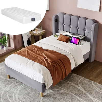 Produktbild von STILVORA Polsterbett 90x200cm Einzelbett mit USB Typ-C Ladefunktion,Jugendbett mit Lattenrost,Samt,Grau(mit Matratze)