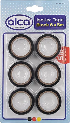 Image de alca® Ruban isolant noir, 6 pièces ; ruban de marquage 18 mm x 5 m, lot en PVC, forte adhérence et grande souplesse, imperméable, autocollant