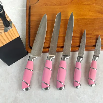 Produktbild von YRHome 7 teilig Edelstahl Kochmesserset Messerblock Set Küchenmesser Set mit Kochmesser Brotmesser Universalmesser Gemüsemesser Messerschärfer Rosa