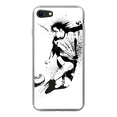 Produktbild von MuchoWow® Handyhülle Schutzhülle Hülle für iPhone SE 2022 Eine Illustration einer Person, die einen Fußball in Richtung Tor schießt - Jungen - Junge - Kind Silikon Softcase Handy Hülle - Schutzhülle