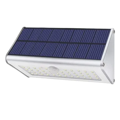 A solar-powered outdoor light with LEDs and a motion sensor.