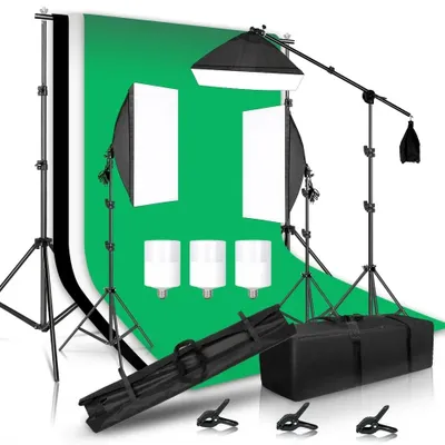 Zdjęcie produktu dla Zestaw oświetlenia fotograficznego, statyw na tło 2,6 m x 3 m, odbłyśnik 80 cm 5 w 1, zestaw do studia fotograficznego 35