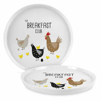 Two plates with a chicken and chick design, one slightly behind the other.