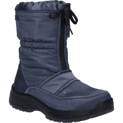 A blue and black snow boot is shown against a white background.