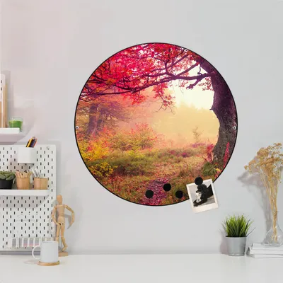 Zdjęcie produktu dla Designerska tablica magnetyczna stalowa czarna okrągła 47cm Lichtung Im Herbst