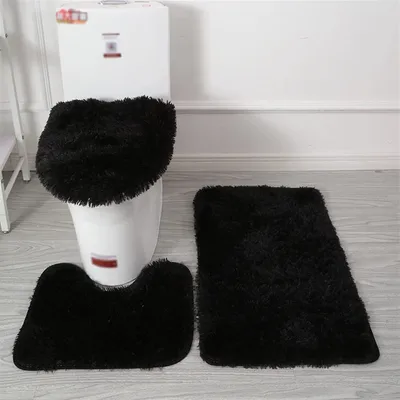 Produktbild von Badteppich Set 3 Teiliges, rutschfeste Shaggy Badematte, Flauschig Contour Badteppich, Langflor Toilettensitzbezug Schwarz
