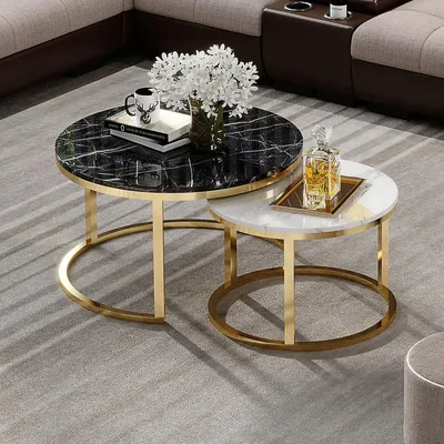 Produktbild von Rund Tisch Couch Marmor Runde Tische Beistell Naturstein Edelstahl Doppel Set 2x