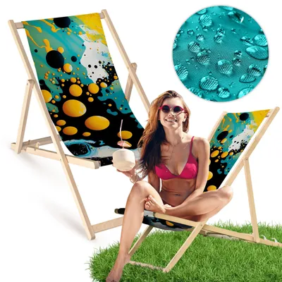 Holz Liegestuhl klappbar „Gelbe Blasen“ – Gartenstuhl Relaxstuhl Sonnenliege Balkon Terrasse Design