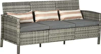 Produktbild von Rattan Sofa mit Kissen, Dreisitzer, Garten Loungesofa, Stahl, Grau, 173 x 68 x 78 cm