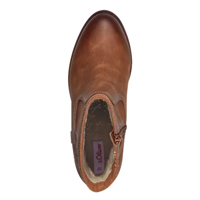 A top-down view of a brown leather boot with a zipper and faux fur lining.