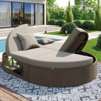 Produktbild von Gartenliege mit seitlichem Regal, Outdoor Daybed Sonnenliege Doppelliege 2 Personen Klapptisch,Garten Relaxliege,einstellbarer Winkel