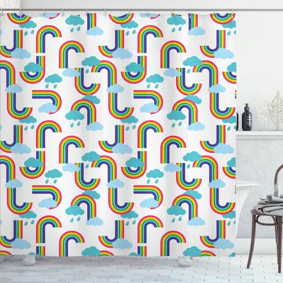 Immagine prodotto di ABAKUHAUS Tenda da doccia con caricature, motivo ripetuto a tema nursery con arcobaleno e nuvole, 175 x 200 cm, bianco e multicolore