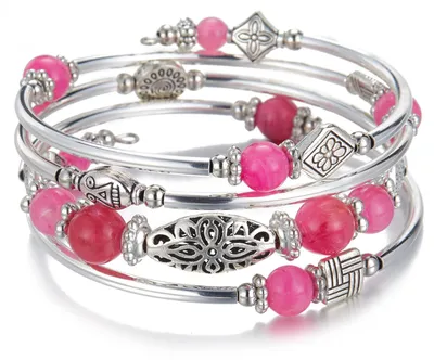 Produktbild von Bulinlin Damen Wickelarmband aus Natur Achat Stein Mehrschichtiges Perlen Silber