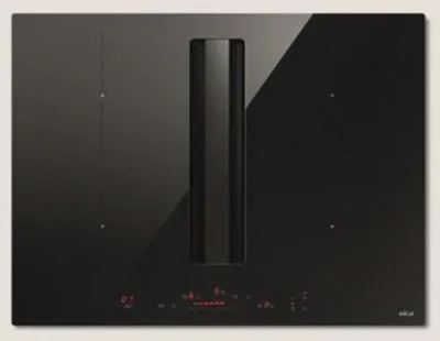 A black induction cooktop with an integrated ventilation system.