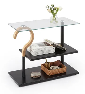 Obrázok produktu pre Relaxdays, príkonový stolík, 2 odkladacie plochy, výška x šírka x hĺbka: 50 x 60 x 30 cm, materiál: oceľ, sklo, drevo, vhodný do obývačky, farba: čierna/prírodná