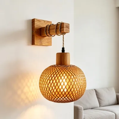 Wandlampe Vintage E27 Bambus Holz handgeflochten Boho