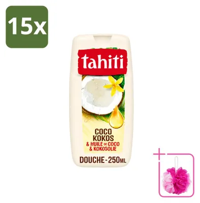 Imagen del producto de 15 unidades de gel de ducha Tahiti, aroma coco y aceite de coco, 250 ml cada uno. Paquete económico