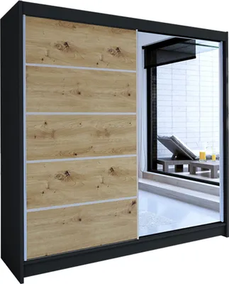 Produktbild von MIRJAN24 Schiebetürenschrank Talin III, Stilvoll Schlafzimmer Kleiderschrank (Farbe: Schwarz / Artisan Eiche + Spiegel)