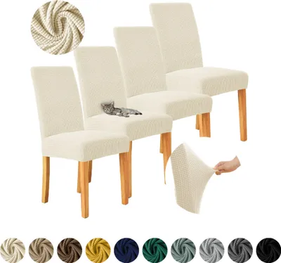 Produktbild von MEBLE ODNOWA, Stuhlhusse, Stuhlbezug, Standardgröße, Jacquard, Cremebeige, 4er Set, Karostruktur, elastisch, Stuhlbezüge, Stuhlhussen, maschinenwaschbar