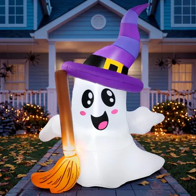Productafbeelding van 6 FT tall Halloween inflatables ghost outdoor decoraties - Leuke blow up ghost holding bezem met LED