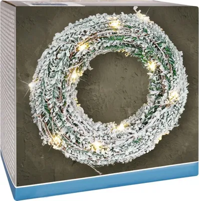 A Christmas wreath with LED lights on a textured background, presented in its packaging.