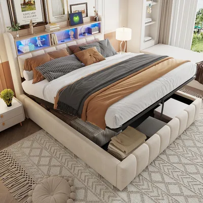 Image de OKWISH Lit Coffre Double 180x200 cm Capitonné Adulte avec Rangement Hydraulique et LED, Tête de Lit avec USB et Étageres Pratiques - Beige
