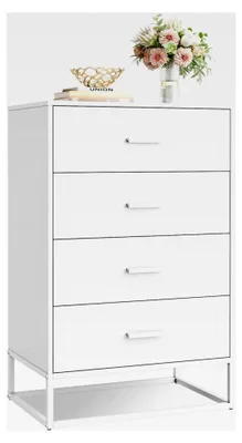 Produktbild von Holzkommode für das Schlafzimmer mit 4 Schubladen, Nachttisch, hohe Kommode mit stabilem Metallrahmen für Flur, Wohnzimmer, Schrank, weiß