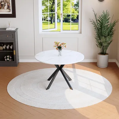 Image de Table de salle à manger ronde, style moderne, aspect marbre blanc, MDF, piètement en X noir, cuisine, salon, 110 cm