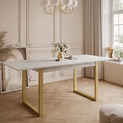 Produktbild von ARTON GOLD II 140 cm ausklappbarer Tisch, Tischplatte Farbe: Marmor Levanto, Metallbeine U