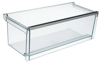 A clear plastic storage bin with a metallic trim.