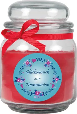 Zdjęcie produktu dla Świeca zapachowa w słoiku na komunię, zapach: róża (czerwony), 300g - pali się do 70 godzin