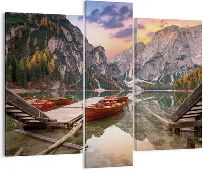 Produktbild von Bild auf Leinwand - Leinwandbild - 3 Teile - Boote Berge See - 95x80cm - Wand Bild - Wanddeko - Wandbilder - Leinwanddruck - Bilder - Wanddekoration - Leinwand bilder - Wandbild - CB95x80-4638