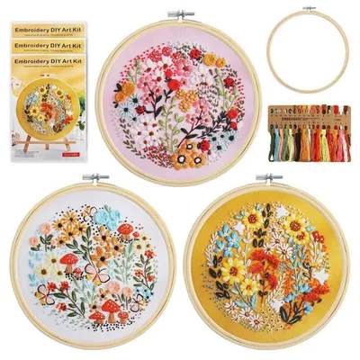 Image de Kit de broderie pour adultes, comprenant 3 motifs floraux, un cadre à broder, du fil, des aiguilles, idéal pour les débutants