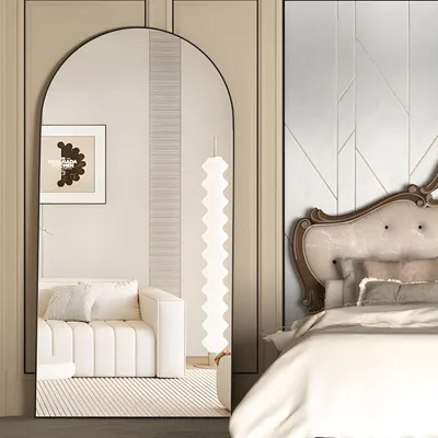 Zdjęcie produktu dla Lustro panoramiczne, 180x80 cm, czarne, stojące na nóżkach, możliwość montażu na ścianie, szkło HD
