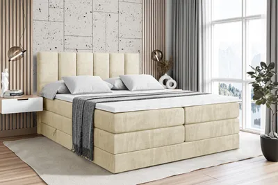 Produktbild von ALTDECOR Boxspringbett mit 2 Matratzen und Topper - 180x200 cm - BOXI1 KING - Beige Samt - Polsterbett mit, H3- und H4- Matratzen, Bettkasten und Lattenrost, Bett mit Stauraum