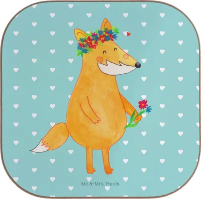 Produktbild von Mr. & Mrs. Panda Untersetzer Glas Fuchs Blumen - Türkis Pastell - Geschenk, Tassen, für Gläser, gläseruntersetzer, Liebe, Coaster, Blumenliebe, Boho, Freundin