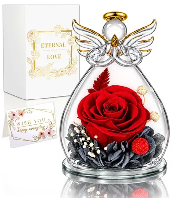 Imagen del producto de Cúpula de cristal con una flor eterna y una figura de ángel, regalo para mujeres, 1 unidad, decoración para el hogar