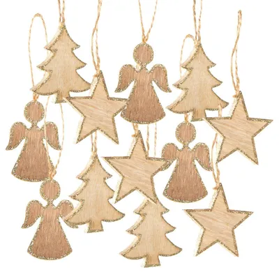 Produktbild von 12 Holzanhänger zu Weihnachten - Baum + Stern + Engel - natur braun glitzernd 5 cm