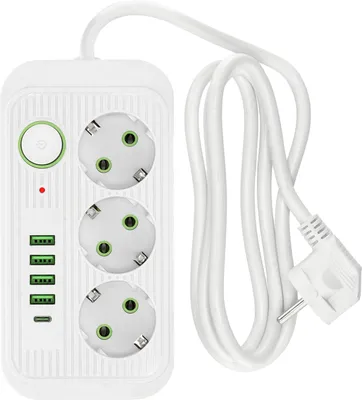 Productafbeelding van Verlengsnoer met stekkerdoos KOBI LINEA PRO, wit, 3-voudig. Meervoudige stekkerdoos met 4x USB-A en 1 USB-C poort, 2500W. Meervoudige stekker met 10A en een verlengkabel van 1,5 meter