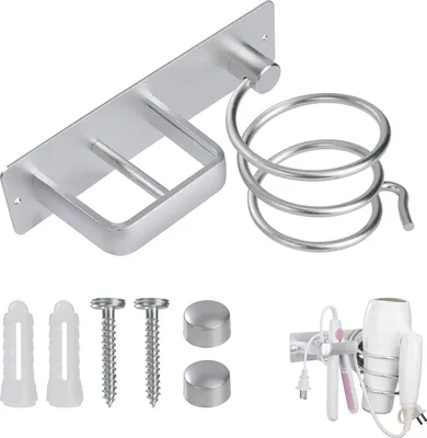 Produktbild von Haartrocknerhalter Haartrockner-Glätteisenhalter Aluminium Wandmontage Halterung Fönhalter mit Zwei Löchern für Baderzimmer, Hotel, Bad (Silber)