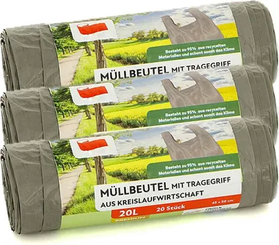 Produktbild von Müllbeutel 20 Liter | 3 Rollen à 20 Stück (60 Stück) | Größe: 53 x 54 cm | Grau | Mit Tragegriff