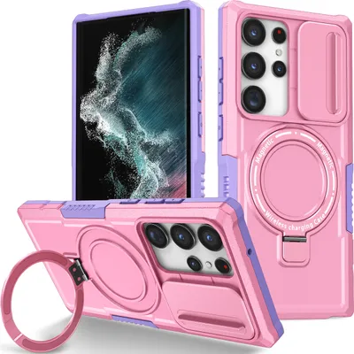 Produktbild von Handyhülle für Samsung Galaxy S22 Ultra 5G Kompatibel mit MagSafe, Robuste Hülle mit Schiebe Kamera Schutz, Magnetischer Ringständer Pink