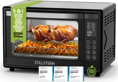 Produktbild von Stillstern Minibackofen mit Umluft (45L) DE Version, Pizza Ø32cm, NEU: CYCLONE PRO+ (Antihaftbeschichtung), 13 Programme, Auftauen&Warmhalten, 8h Timer, Rezeptheft, Mini Backofen Pizzaofen Grill