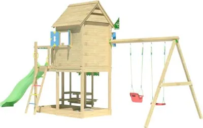 Produktbild von Doppelschaukel Spielhaus mit Stelzen Jungle Gym 678 x 265 cm Holz grün