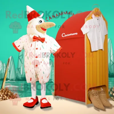 Produktbild von Cremefarbenes REDBROKOLY Huhn-Parmesan Maskottchen kostüm gekleidet in Badebekleidung und Fliege