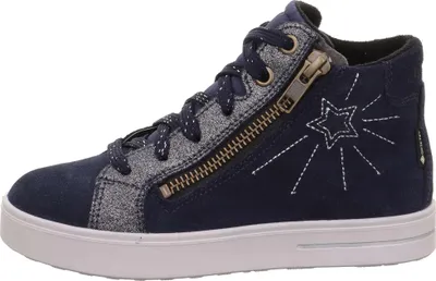 A single blue high-top sneaker with a silver glitter accent and a zipper.