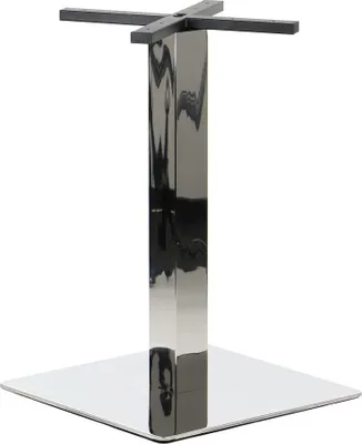 A polished stainless steel table base with a square base and a central column, topped with a cross-shaped bracket for attaching a tabletop.