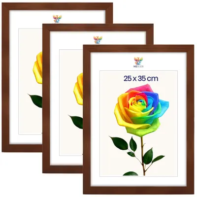 Obrázok produktu pre MG Design, sada 3 kusov rámov na obrázky, 25 x 35 cm – rámy na fotografie s hnedým rámom z prírodného dreva a nárazuvzdorným akrylovým sklom, vhodné na zavesenie aj na postavenie (vertikálne aj horizontálne)