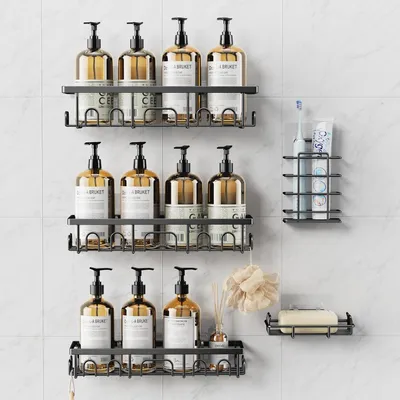Image de Ensemble de porte-savon pour douche, 5 pièces, en acier inoxydable, fixation sans perçage, étagère murale pour salle de bain